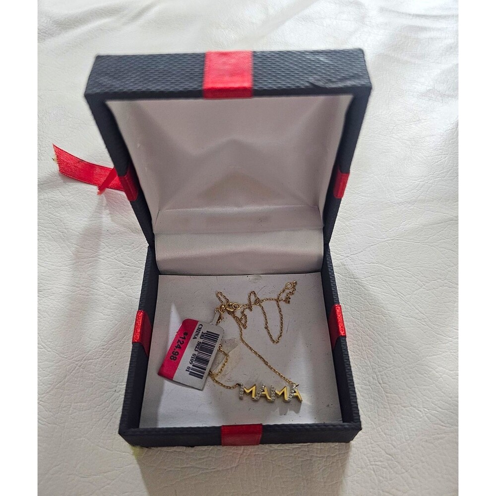 14K Gold Over Silver MAMA Letter Charm Pendant Necklace Diamond Pearl Lobster